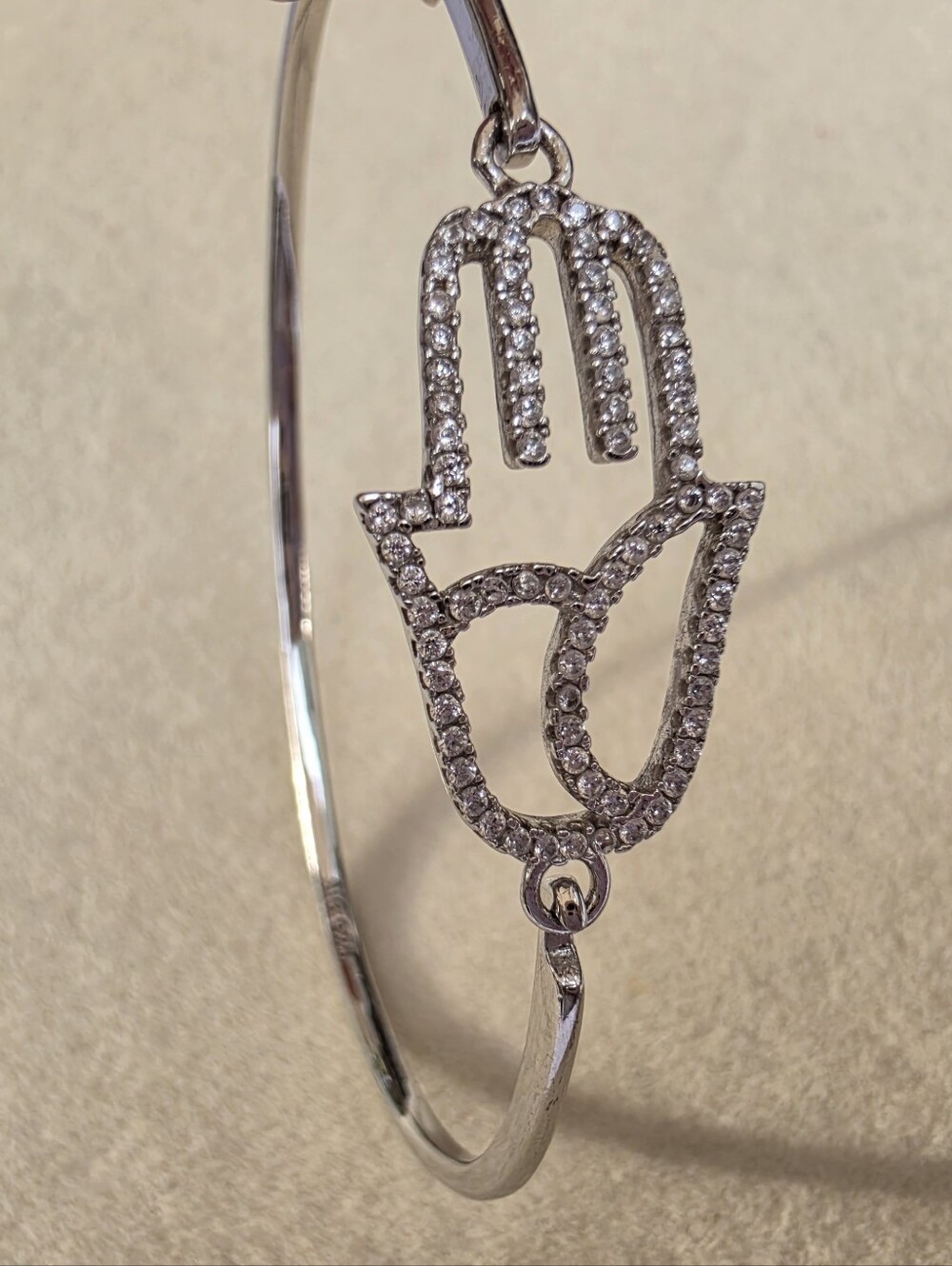 925 Sterling Silver Pavé Hamsa Hand Bangle Bracelet • 7.39g